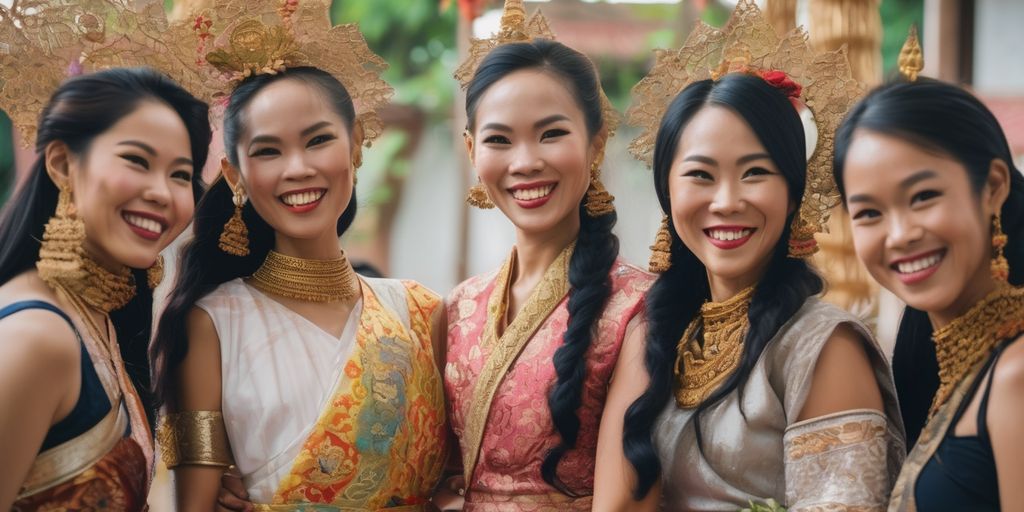 Filipina and Thai women in traditional attire, smiling and happy, in a cultural setting