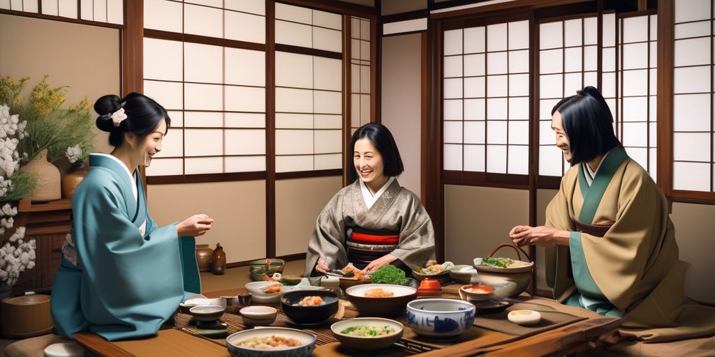 Japanese couple enjoying traditional meal in a cozy home setting