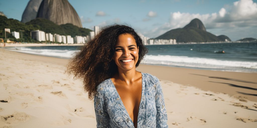 Brazilian woman smiling on a beach in Rio de Janeiro