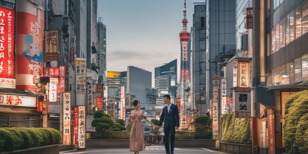 romantic couple in Tokyo cityscape