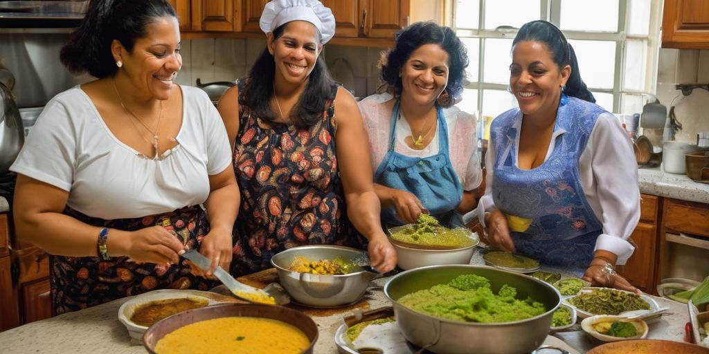 Dominican and Puerto Rican women cooking traditional dishes in a kitchen