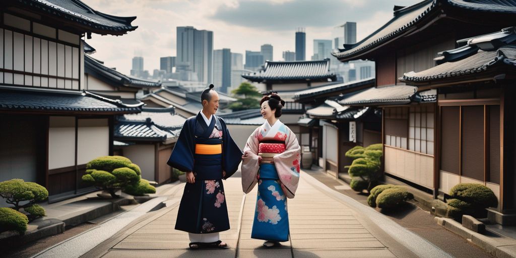 Japanese couple in traditional clothing in a cityscape