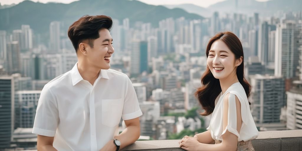 happy South Korean couple in a cityscape