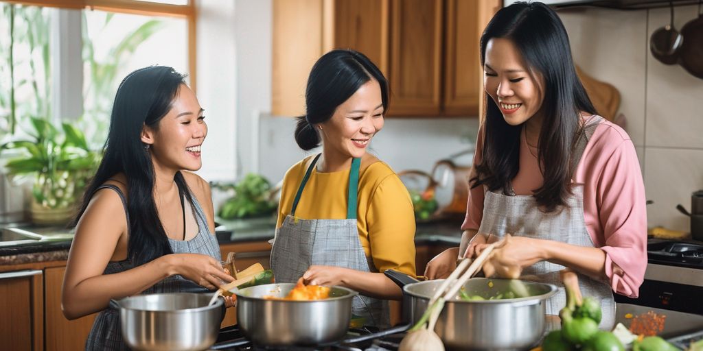 Filipina and Thai women cooking together in a family kitchen