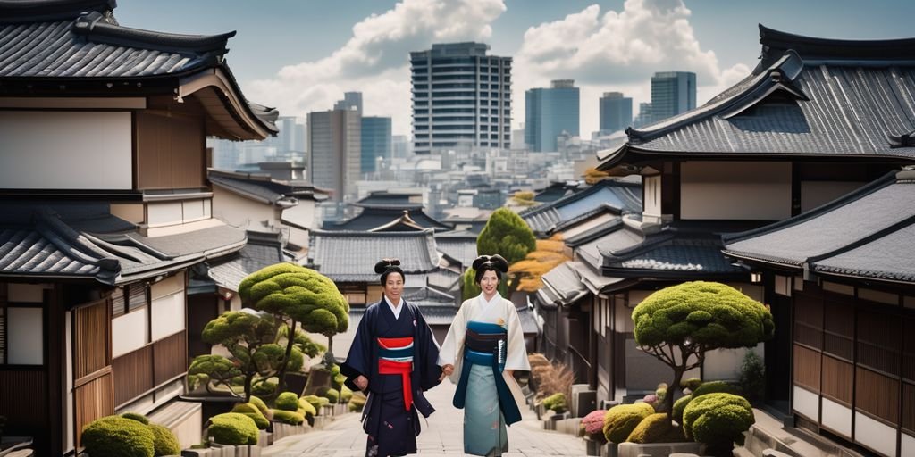 Japanese couple in traditional clothing in a cityscape, showcasing cultural elements and family values