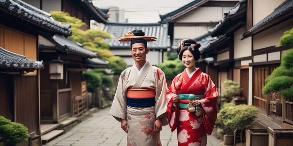 Japanese couple in traditional clothing in a cityscape, showcasing cultural traits, cooking skills, and family values