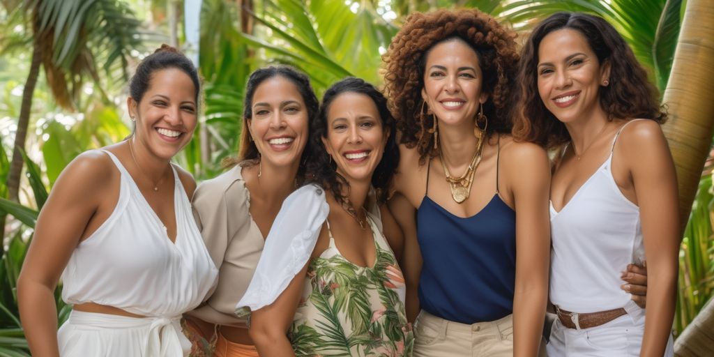 Dominican and Puerto Rican women smiling and interacting in a tropical setting