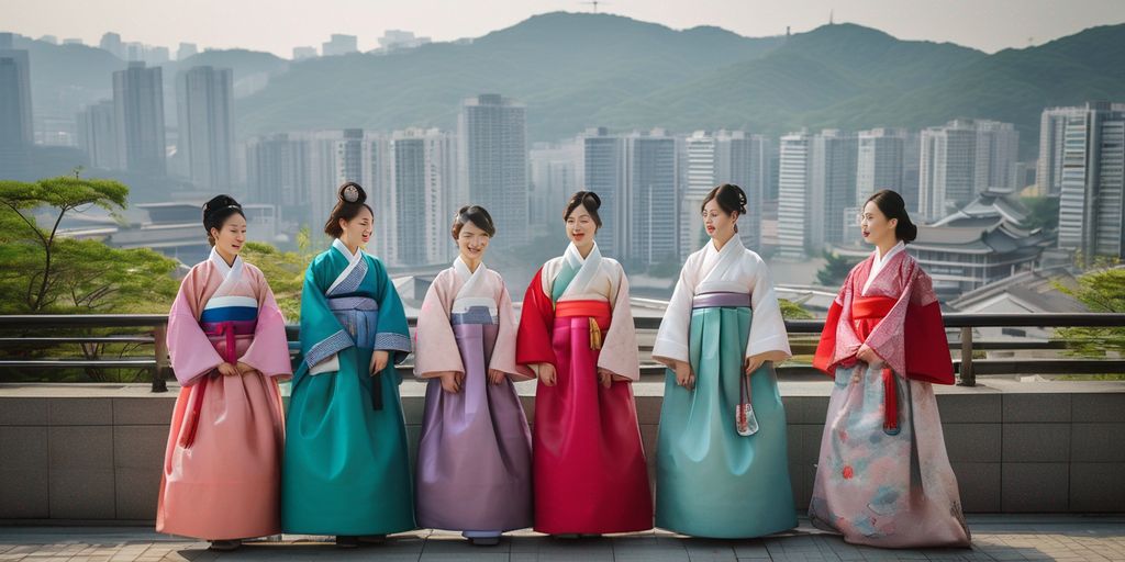 South Korean women, cultural beauty, traditional hanbok, modern cityscape, Seoul, confidence, elegance