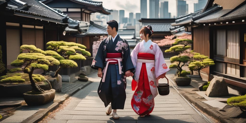 young couple in traditional Japanese clothing in a cityscape