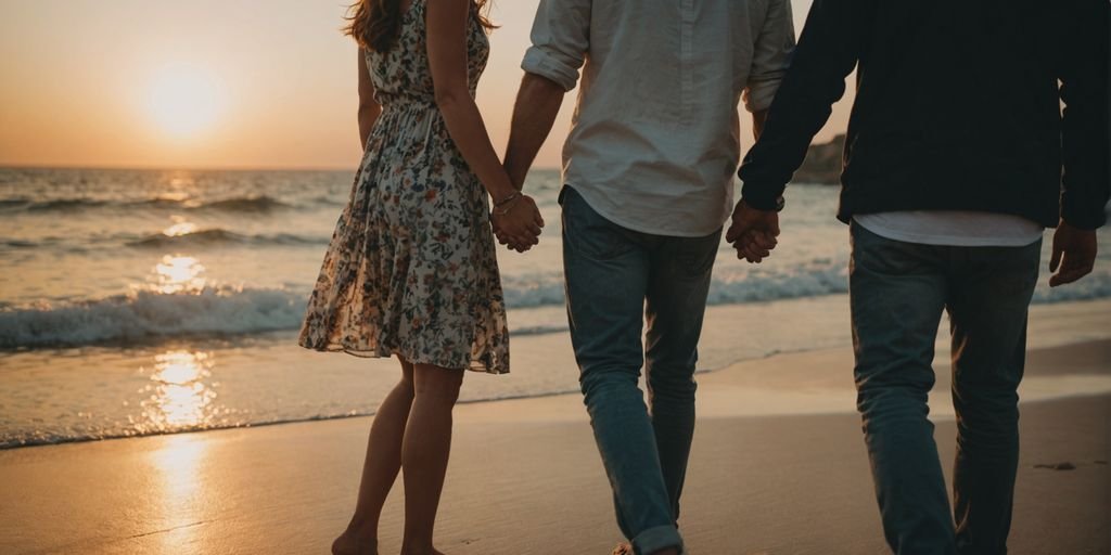 Couple holding hands on a Spanish beach at sunset.