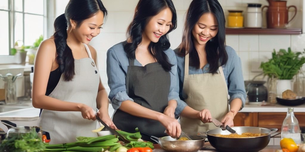 Filipina and Malaysian girlfriends cooking