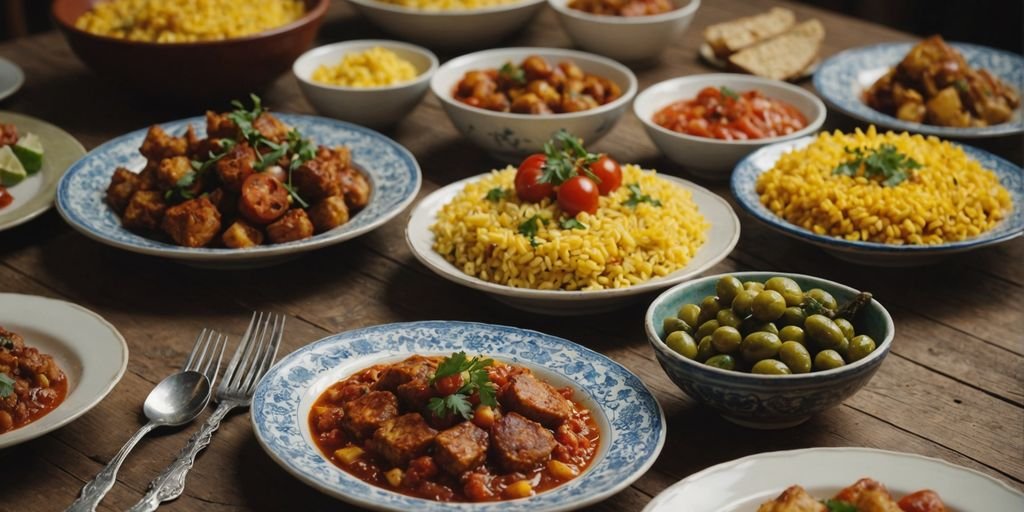 Assorted traditional Spanish dishes on a rustic wooden table.