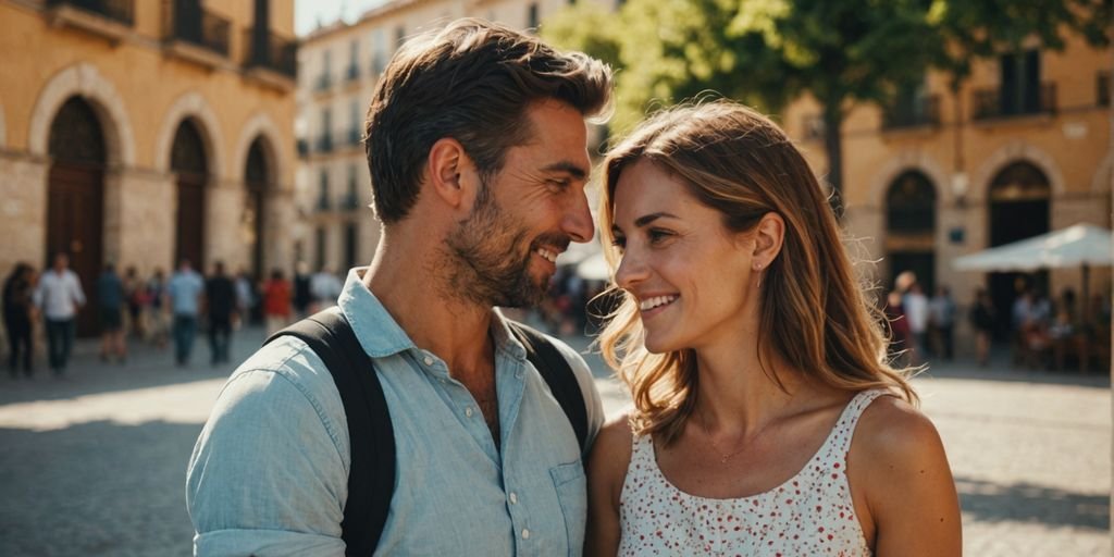 Couple smiling under the Spanish sun, symbolizing love