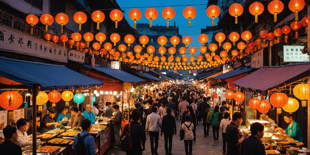 Asian street market with food stalls and people