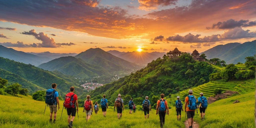 Backpackers hiking with mountains and temples