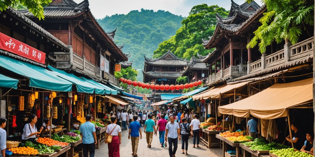 Vibrant Asian street market with colorful stalls and food