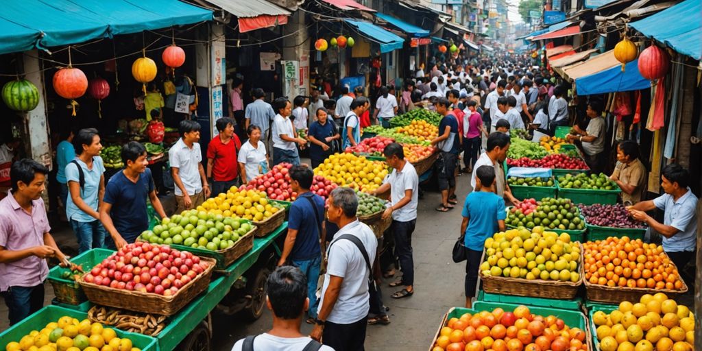 Vibrant Asian street market with colorful stalls.