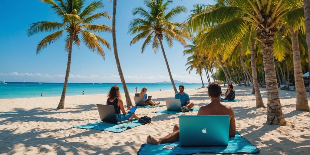 Digital nomads working on a beach