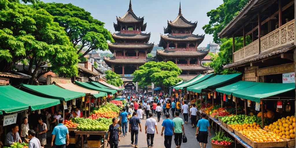 Vibrant Asian street market with colorful stalls and fruits