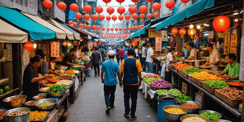 Asian street market with food stalls and vendors