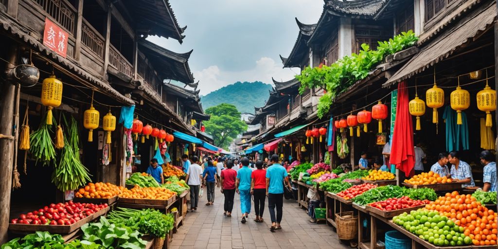 Vibrant Asian street market with colorful stalls and people