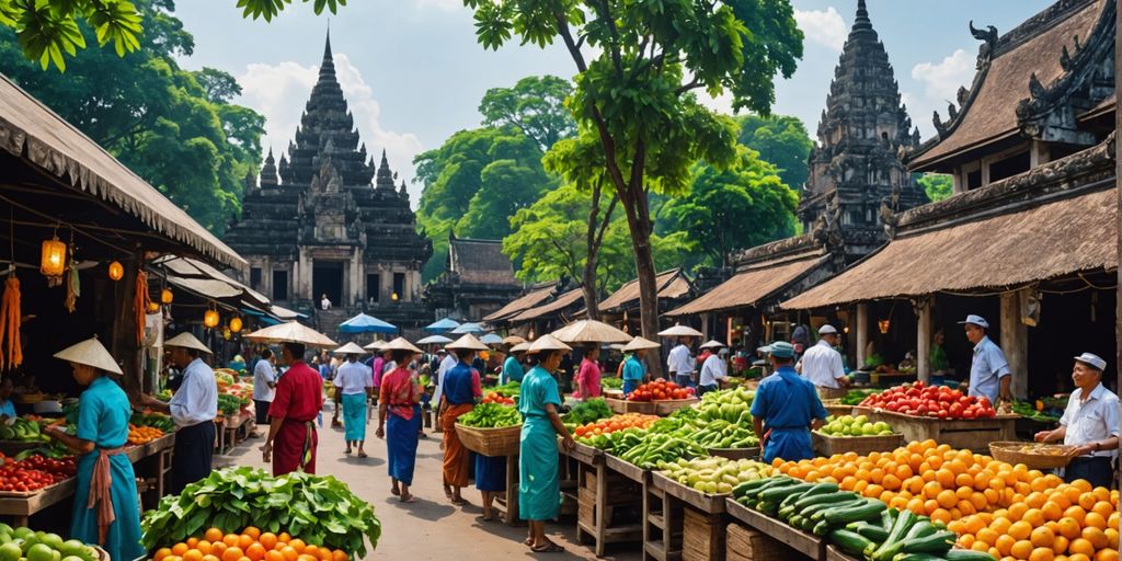 Southeast Asian market with colorful stalls and lush greenery.