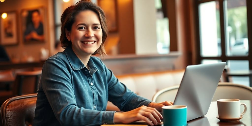 Smiling person at café with laptop and coffee.