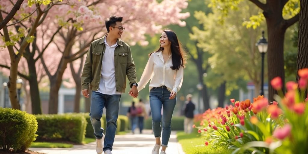 Asian-American couple walking in a park