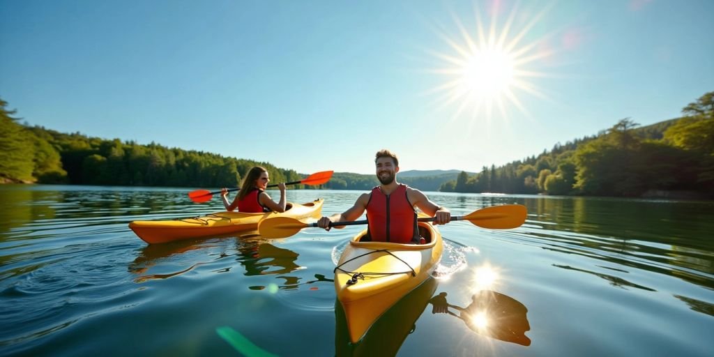 Couple kayaking on a serene lake