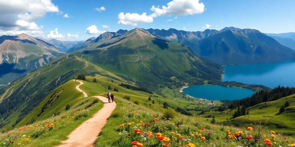 Scenic landscape with mountains, lake, and wildflowers.