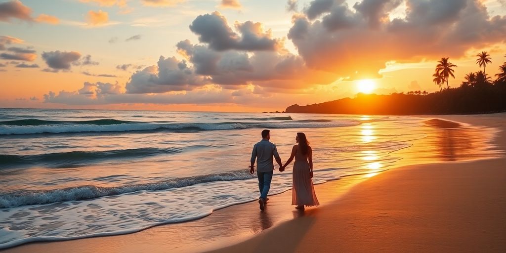 Couple on beach at sunset, holding hands.