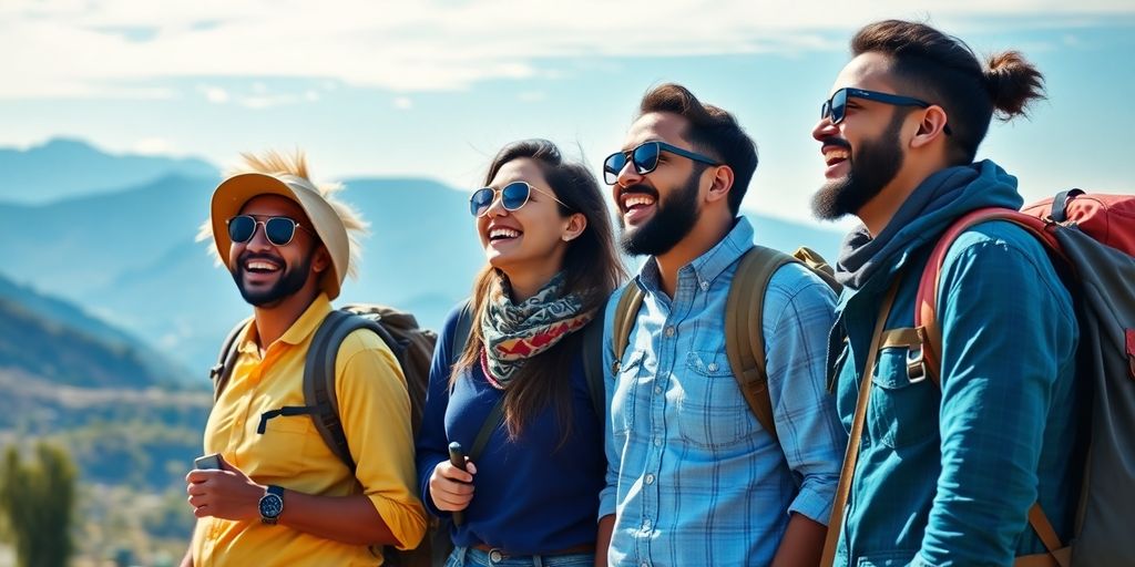 Group of travelers enjoying nature together in scenic landscape.