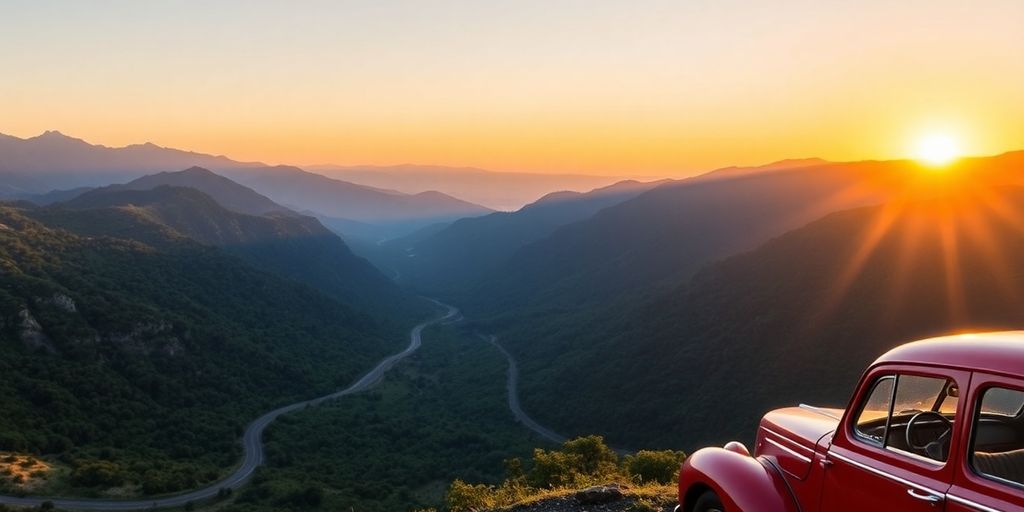 Winding road through mountains with a vintage car.