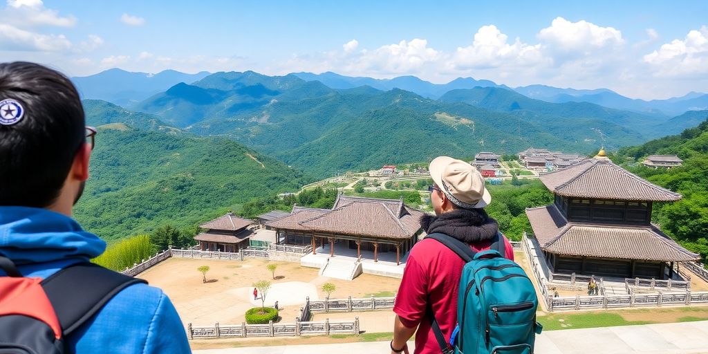 Traveler in North Korea with mountains and traditional buildings.