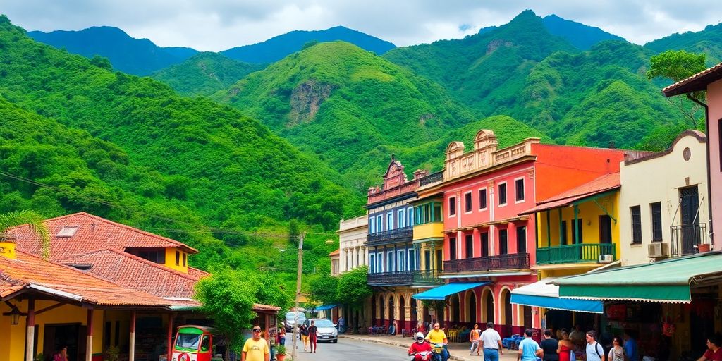 Colorful Colombian landscape with mountains and local market.