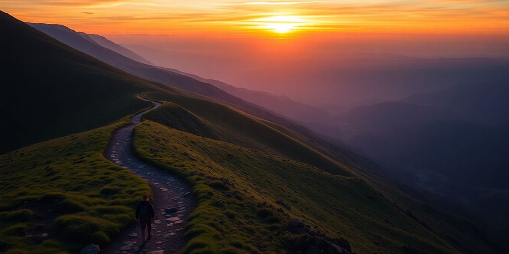 Traveler on a winding path through green hills at sunset.