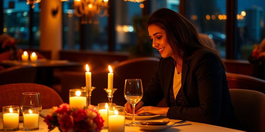 Couple dining in a romantic candlelit setting.