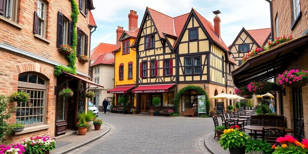 European-style village in the US with cobblestone streets.