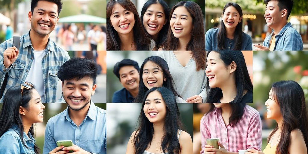 Diverse Asian singles interacting in a lively outdoor scene.