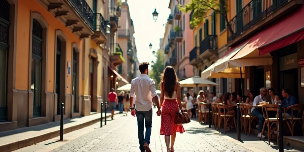 Couple walking in picturesque Barcelona street