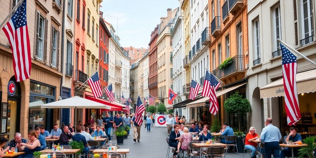 Street scene blending American and European cultures.