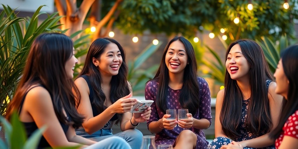 Diverse Asian singles enjoying a casual outdoor gathering.