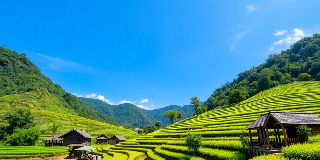 Lush rice terraces and traditional houses in Indonesia.