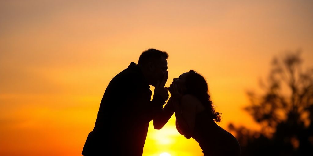 Couple kissing passionately at sunset, surrounded by warm light.