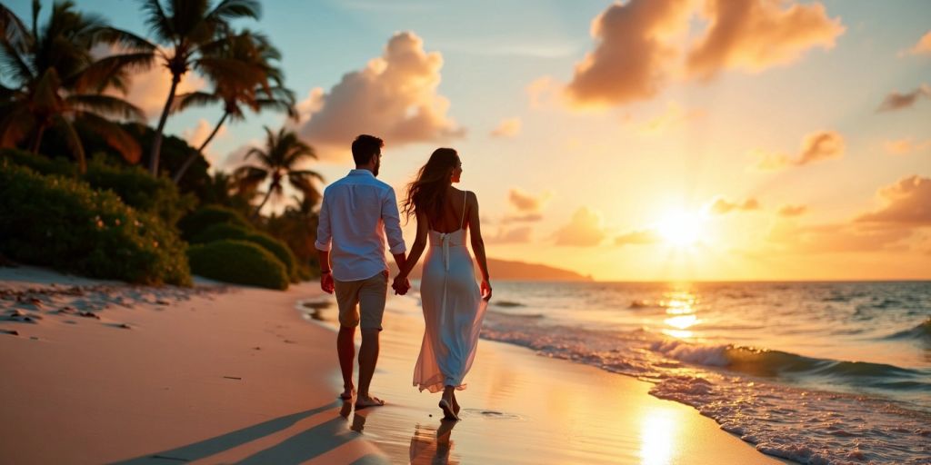 Couple walking on beach at sunset.