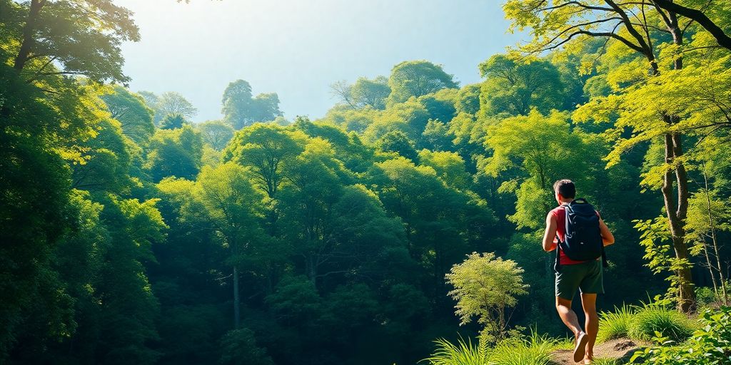 Traveler exploring a lush green forest under sunlight.