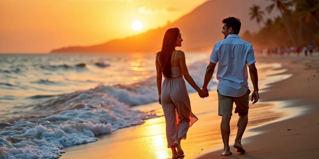 Happy Filipino couple walking on a beach