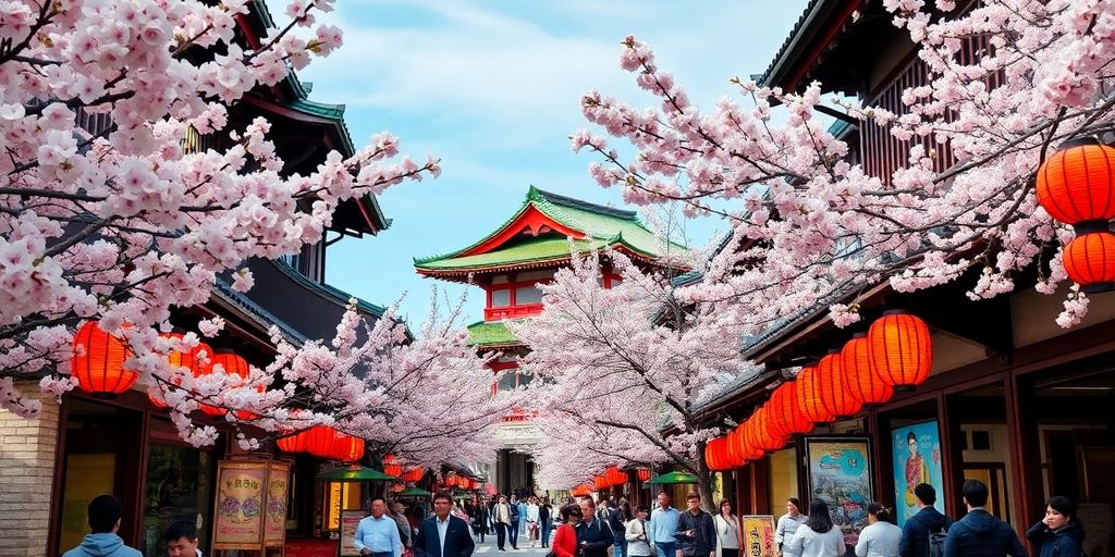 Cherry blossoms and traditional buildings in Japan.