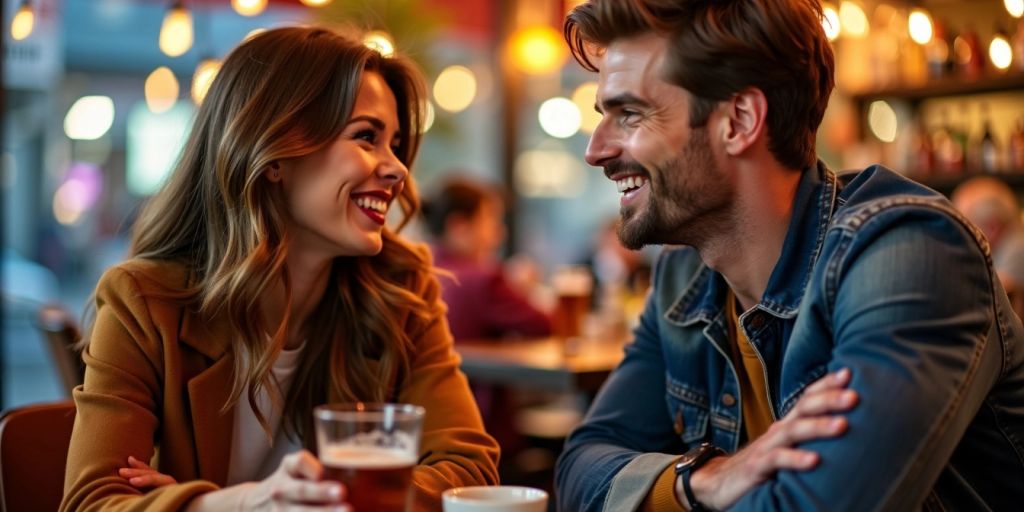 Couple smiling at a cozy cafe