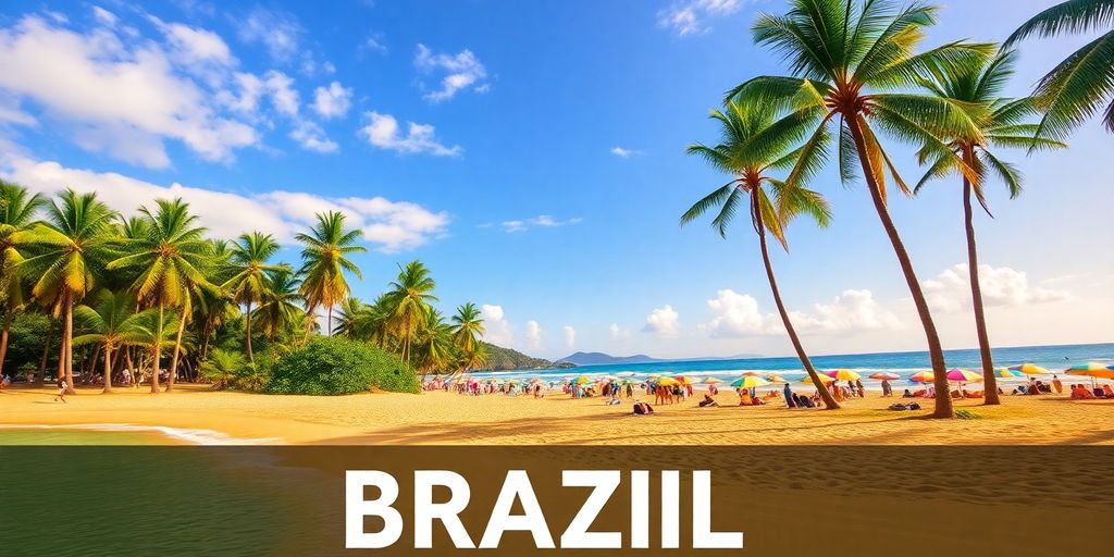 Vibrant beach scene in Brazil with palm trees and umbrellas.